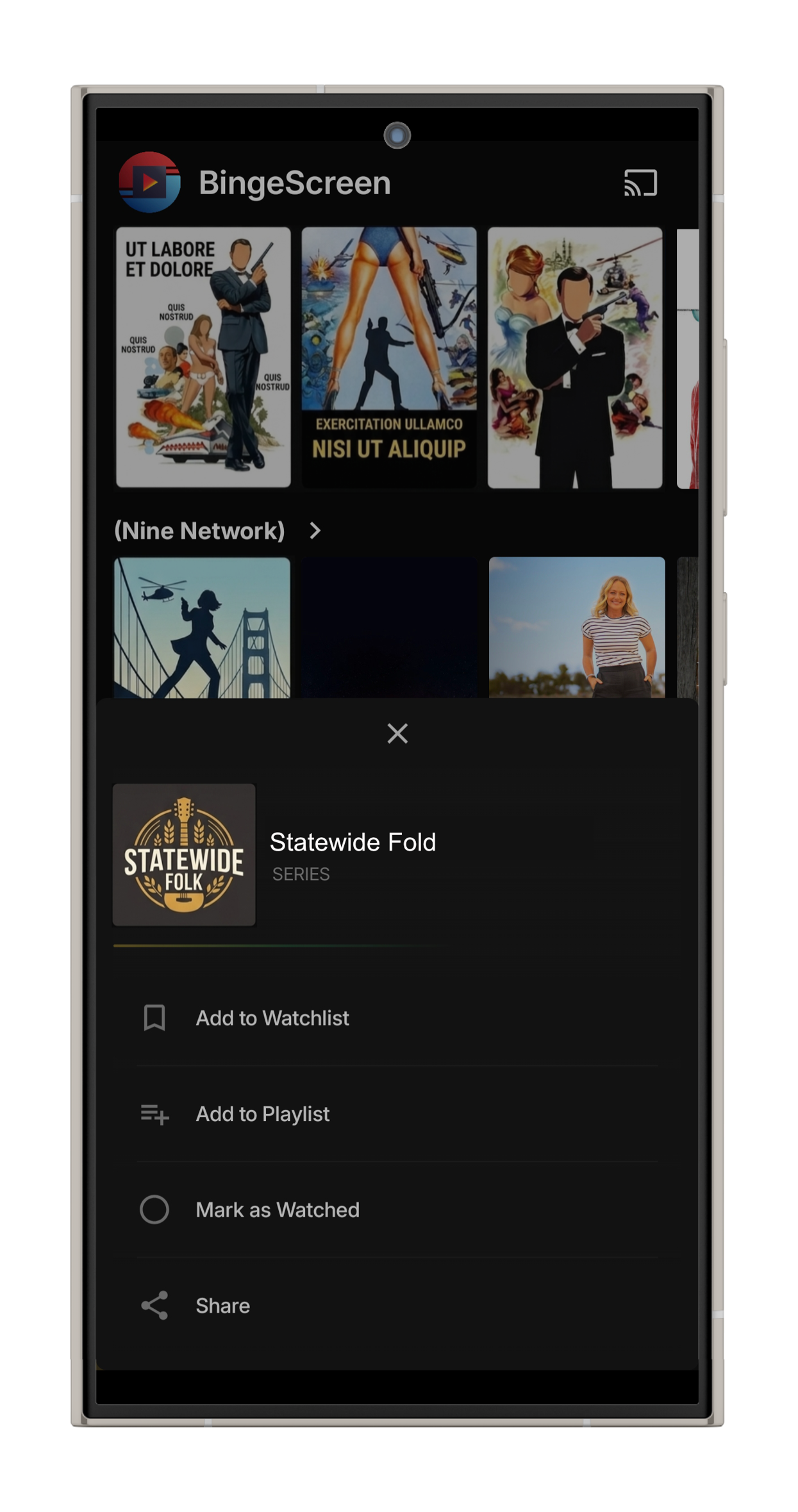 Context menu with watchlist, playlist and share options