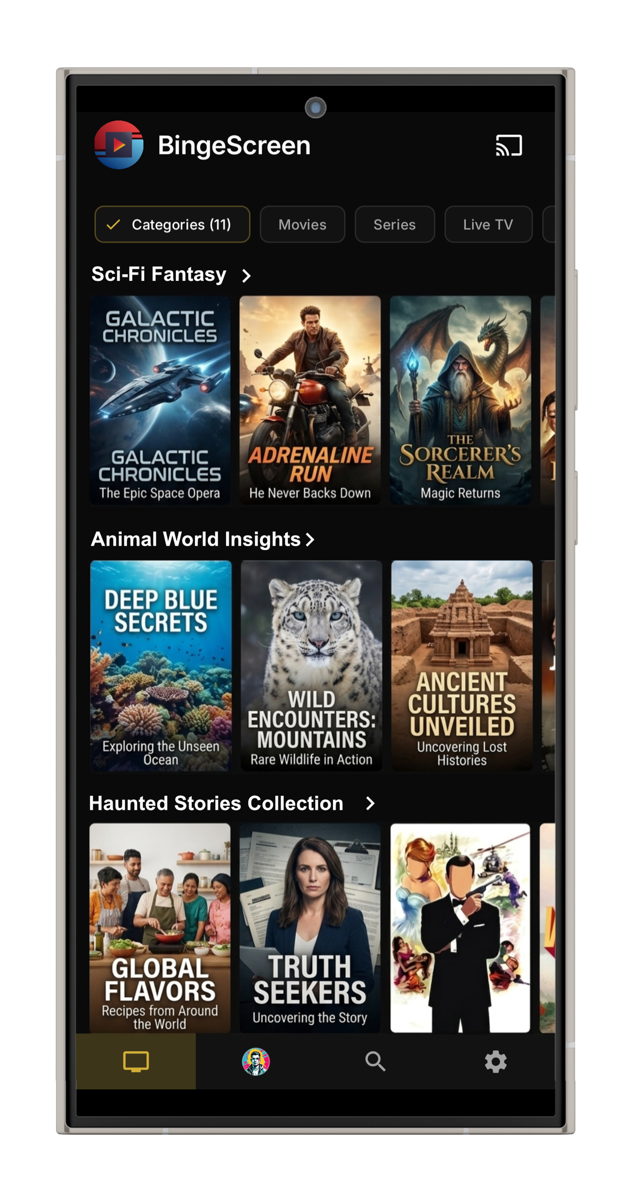 BingeScreen home screen showing movie and series categories