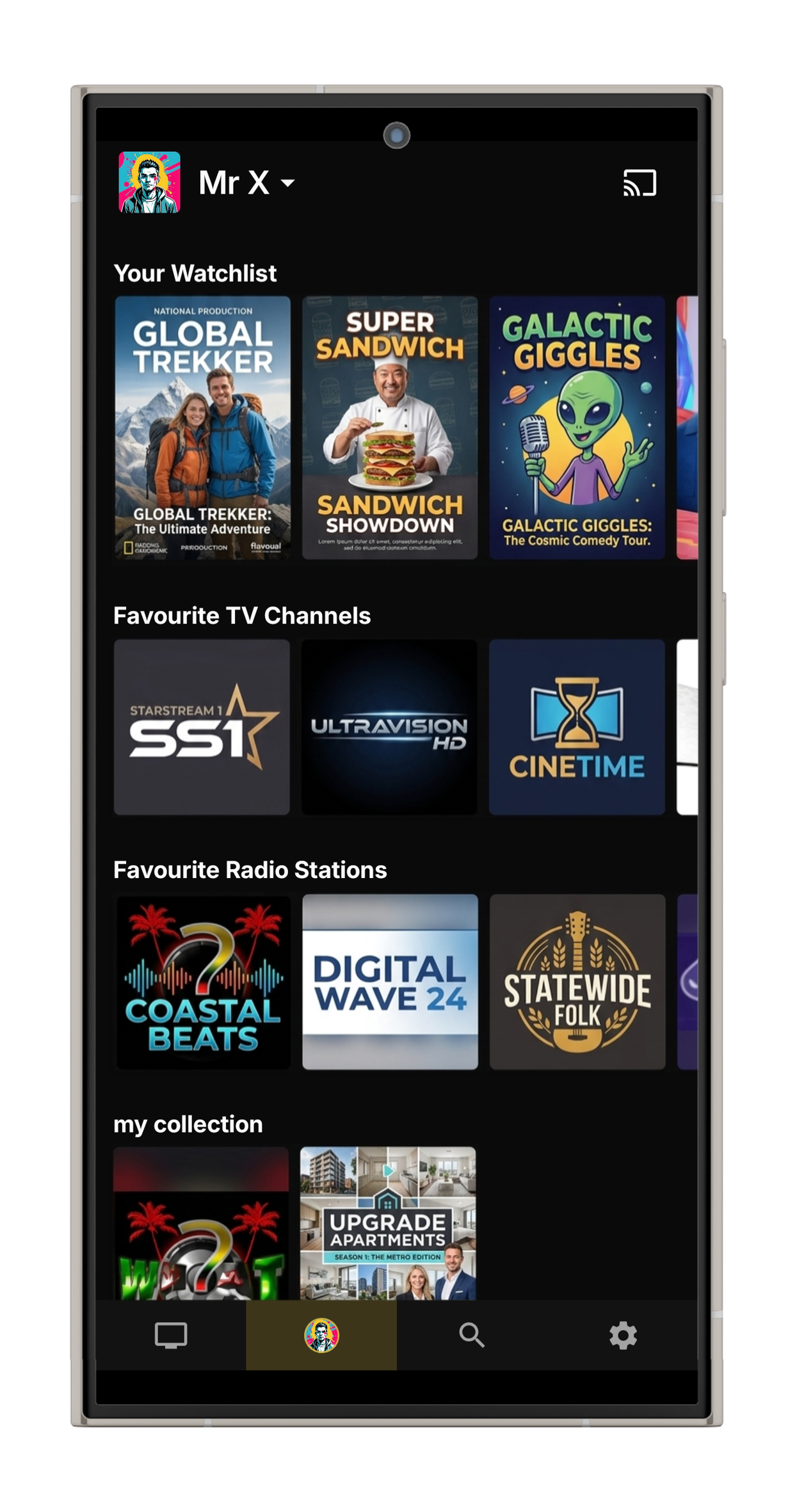 My Space screen showing watchlist, favourite channels and radio