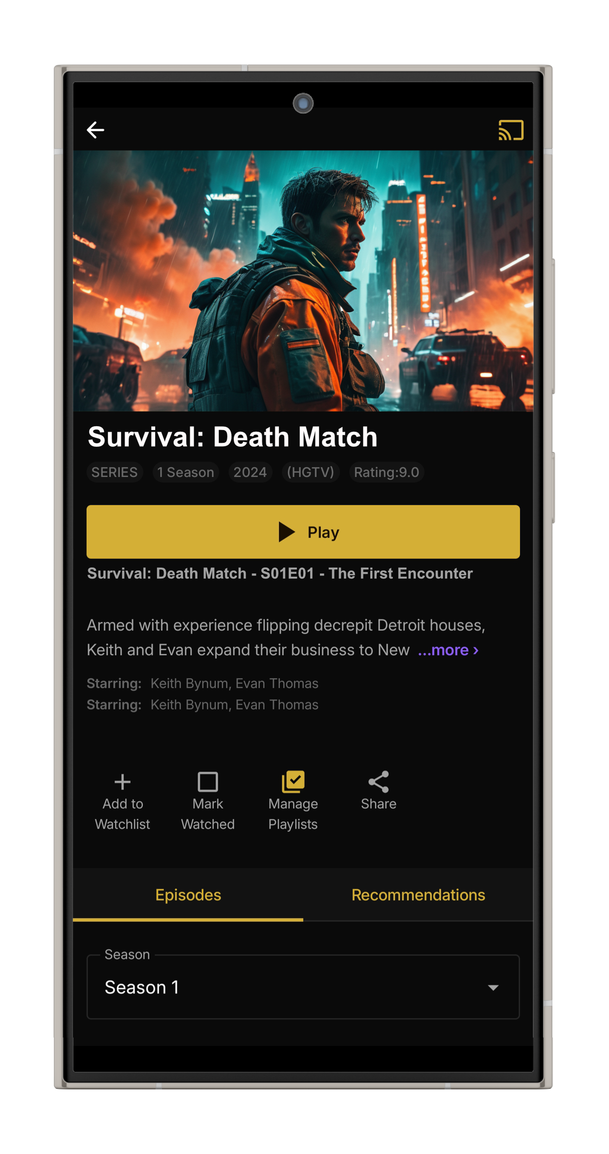 Content detail screen with Play button and episode list